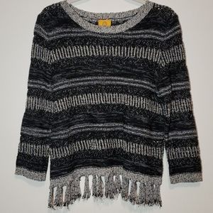 Black & White Striped Knit Sweater w/ Fringe